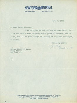 Item #63-6921 TLS Brisbane to Winchell, April 2, 1934. Arthur Brisbane, Walter Winchell, recip