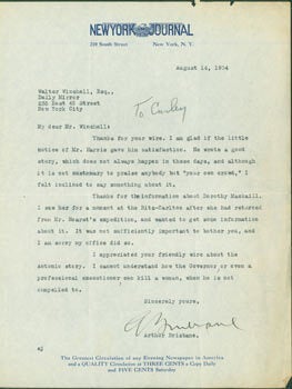 Item #63-6922 TLS Brisbane to Winchell, August 14, 1934. Arthur Brisbane, Walter Winchell, recip