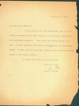 Item #63-6929 TLS Brisbane to Winchell, November 19, 1934. Arthur Brisbane, Walter Winchell, recip