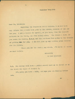 Item #63-6933 TL Winchell to Brisbane, December 27, 1934. RE: Hauptmann Trial tickets. Arthur...