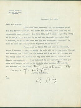 Item #63-6938 TLS Brisbane to Winchell, December 31, 1934. Includes discussion about tickets for...