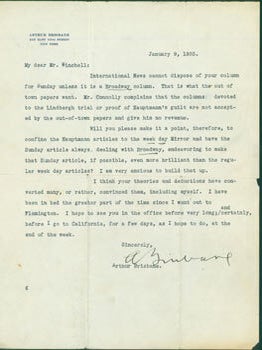 Item #63-6940 TLS Brisbane to Winchell, January 9, 1935. Includes discussion about the Hauptmann...