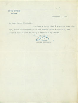 Item #63-6943 TLS Brisbane to Winchell, February 11, 1935. RE: Brisbane's Feb 1, 1935 letter to...