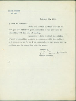 Item #63-6944 TLS Brisbane to Winchell, February 16, 1935. RE: Winchell about writing on whiskey....