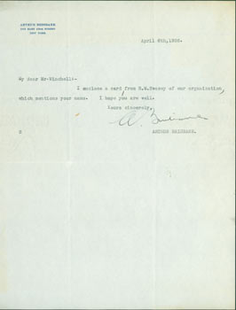 Item #63-6945 TLS Brisbane to Winchell, April 6, 1936. RE: E. M. Swasey. Arthur Brisbane, Walter...
