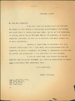 Item #63-6950 TLS Brisbane to Winchell, February 1, 1935. Carbon Copy. Arthur Brisbane, Walter...