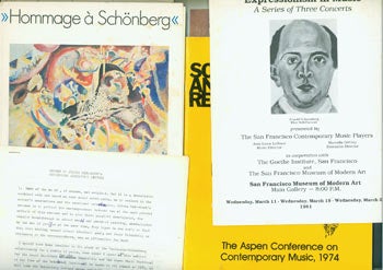 Item #63-6953 Dossier related to Arnold Schoenberg from Peter Selz Files, including: Report On Jelena Hahl-Koch's Schoenberg-Kandinsky Letters (1984), Selz [4 stapled sections, typed notes]. Arnold Schoenberg, Akademie Der Kunste, Berliner Festwochen 1974. Expressionism in Music, A Series of Three Concerts, Program Booklet, San Francisco Museum of Modern Art, 1981. Schoenberg And The Visual Arts [19 pp. Selz essay]. Schoenberg And Recent Years, The Aspen Conference on Contemporary Music, 1974. Hommage A Schoenberg: Der Blaue Reiter und das Musikalische in der Malerei der Zeit., Nationalgalerie Berlin, 1974. Peter Selz.