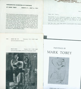 Item #63-6961 Dossier related to artist Mark Tobey from Peter Selz Files, including: Retrospective Exhibition of Paintings, 1951 (Exhibit Catalog). TLS Terrence E. Dempsey to Peter Selz, March 13, 1983 & March 14, 1983, with Dempsey essay, The Parallel Visions of Mark Tobey and Henri Bergson. Photocopies of article on Tobey, and exhibition catalog. Peter Selz, Mark Tobey, 1890 - 1976.