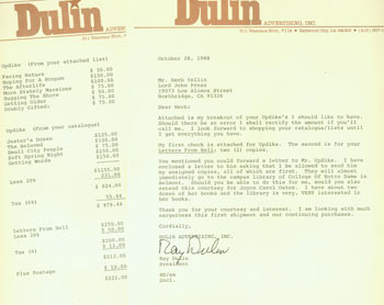 Dulin Advertising; Ray Dulin - Tls Ray Dulin to Herb Yellin. Re: John Updike, Joyce Carol Oates. Oct. 28, 1988