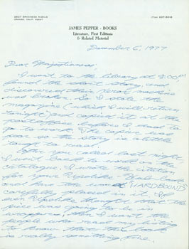 Item #63-6984 ALS James Pepper to Herb Yellin, December 6, 1977. RE: Updike, book collecting....
