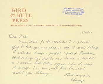 Item #63-6988 ALS Henry Morris to Herb Yellin, 12/20/82. RE: notice of new address. Bird, Bull Press, Henry Morris, PA North Hills.