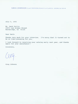 Item #63-6991 TLS Greg Johnson to Herb Yellin, July 5, 1993. Joyce Carol Oates biographer. Greg Johnson.