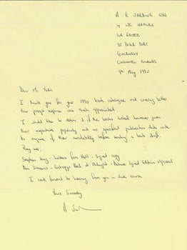 Item #63-7001 ALS Alastair R. Jardine to Herb Yellin, May 9, 1990. RE: Stephen King, Dan Simmons....