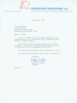 Item #63-7003 TLS William E. Loftin to Herb Yellin, January 27, 1982. RE: printing Jimmy Carter's...