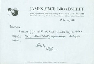 Item #63-7005 ALS James Joyce Broadsheet to Lord John Press, January 8, 1981. James Joyce Broadsheet