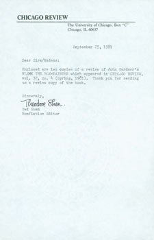 Ted Shen (Chicago Review) - Tls Ted Shen to Herb Yellin, September 25, 1981. Re: John Gardner