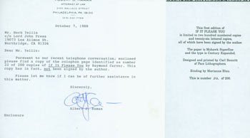 Item #63-7016 TLS Albert J. Raman to Herb Yellin, October 7, 1988. RE: Ramond Carver. Albert J. Raman.