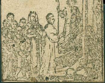 Item #63-7059 The Burning Of Mr. John Rogers. Minister of the Gospel in London, was the First Martyr in Queen Mary's Reign, and was burnt at Smithfield, February 14, 1554. 17th Century British Woodcut Artist, Mr. John Rogers.