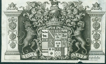 Item #63-7077 Coat of Arms with Motto "Love Serve". Gribelin Engraving from Characteristics Of Men, Manners, Opinions, Times, With A Collection Of Letters. Simon Gribelin, Earl of Shaftesbury, engrav.