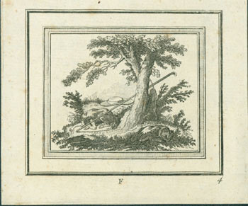 Item #63-7092 Pastoral Scene With Dog Asleep Beneath an Oak Tree, with Hat and Walking Stick. 19th Century British Engraver?