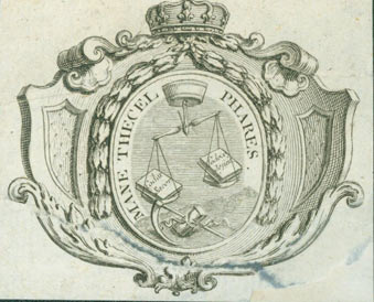 Item #63-7093 Roman Catholic Coat Of Arms With The Motto "Mane Thecel Phares." 19th Century British Engraver?