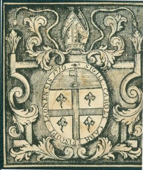 Item #63-7104 Roman Catholic Coat of Arms with Motto reading "Sigil Caroli Carr Episcopi Laonensis 1716." 18th Century Italian Printer or Engraver.