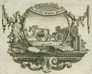 Item #63-7105 Coat of Arms with Motto reading "Trahite Aequo Jugo." 18th Century British Engraver.