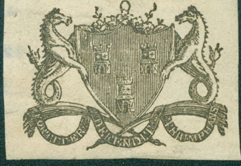 Item #63-7155 Coat Of Arms of the City of Newcastle Upon Tyne, with Motto "Fortiter Defendit Triumphans" (Triumphing By Brave Defence). 18th Century British Engraver.