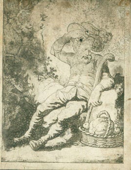 Item #63-7171 Seated Man Wearing Hat & Boots, with Cane, and Basket of Produce. 18th Century...