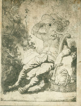 Item #63-7171 Seated Man Wearing Hat & Boots, with Cane, and Basket of Produce. 18th Century British Engraver?