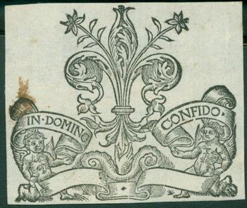 Item #63-7188 Emblem from title page of Vita di San Giovanni Batista, with motto "In Domino Confido." Filippo Giunti.