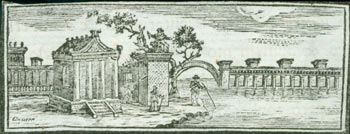 Item #63-7193 Man Testing Depth Of Water with Aquaduct in Background. Criuter? 17th Century Italian Engraver?