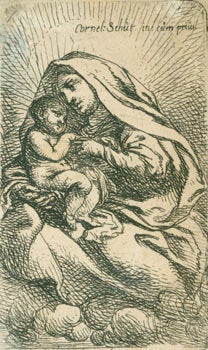 Item #63-7196 Virgin & Child sitting on clouds, turned to left, the Virgin with a large headgear. Flemish Engraver, 1597 - 1655 Artist.