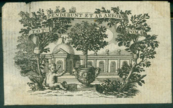 Item #63-7199 Putto Bij Sinaasappelboom. With Motto "Pendebunt Et Ab Arbore Tot Poma." Bernard Picart, French Engraver 1673 - 1733.