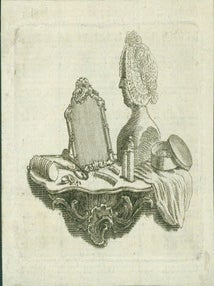 Item #63-7200 Mirror, Comb, Mannequin and other items on a mantle. 18th Century French Engraver