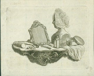 Item #63-7200 Mirror, Comb, Mannequin and other items on a mantle. 18th Century French Engraver