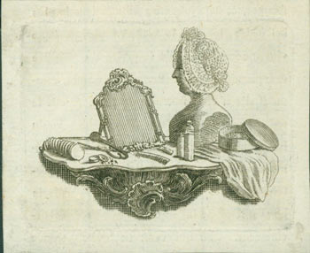 Item #63-7200 Mirror, Comb, Mannequin and other items on a mantle. 18th Century French Engraver.