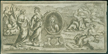 Item #63-7211 Engraving Of Ladies Around Portrait of a Nobleman. 17th Century French Engraver.