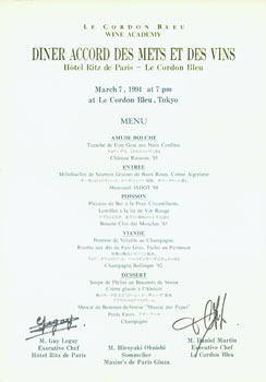 Item #63-7247 Diner Accord Des Mets Et Des Vins. March 7, 1994, at 7pm, at Le Cordon Bleu, Tokyo....