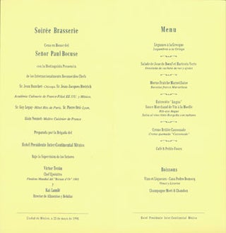 Item #63-7257 Soiree Brasserie Mexique. Cena en Honor del Senor Paul Bocuse. Hotel Presidente...
