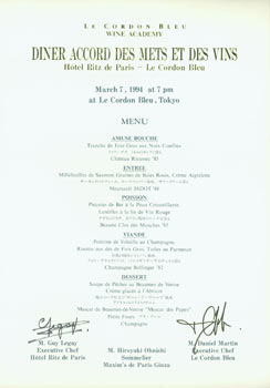 Item #63-7270 Diner Accord Des Mets Et Des Vins. March 7, 1994, Le Cordon Bleu, Tokyo. Signed by...