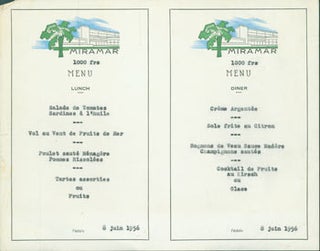 Item #63-7271 Lunch & Diner Menu. June 8, 1956. Hotel Miramar, Morocco Fedala