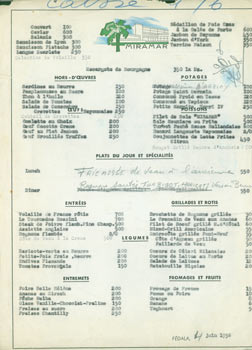 Item #63-7273 Lunch & Diner Menu. June 4, 1956. Hotel Miramar, Morocco Fedala