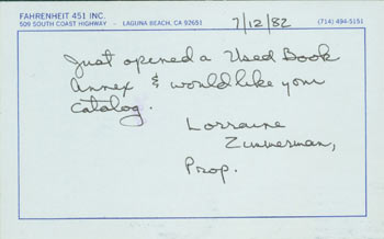 Item #63-7312 ALS Lorraine Zimmerman to Herb Yellin, July 12, 1982. Farenheit 451 Books, CA Laguna Beach.