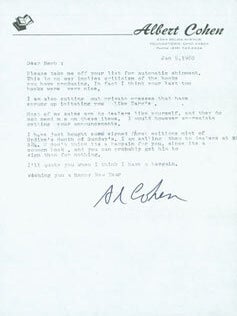 Item #63-7314 TLS Albert Cohen to Herb Yellin, January 5, 1980. RE: Updike. Albert Cohen, Ohio...