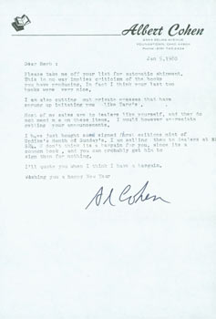 Item #63-7314 TLS Albert Cohen to Herb Yellin, January 5, 1980. RE: Updike. Albert Cohen, Ohio...