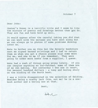 Item #63-7318 Photocopy of TLS Herb Yellin to John Updike. October 7, [1983]. RE: Jester's Dozen, Barth, Golding. Lord John Press Herb Yellin.