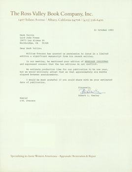 Item #63-7321 TLS Robert L. Hawley to Herb Yellin, October 8, 1979. RE: William Everson. Robert...