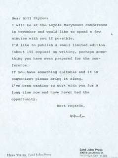 Item #63-7322 Photocopy of TLS Herb Yellin to Bill Styron. RE: Loyola Marymount conference. Lord...