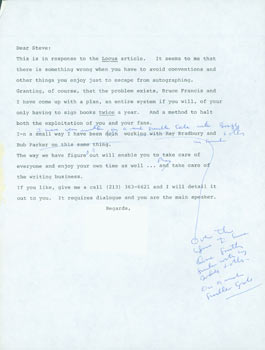 Item #63-7323 TLS Herb Yellin to Steven King. RE: Locus Awards article; attending conventions, signing autographs. With some MS notes inked in margins. Lord John Press Herb Yellin.